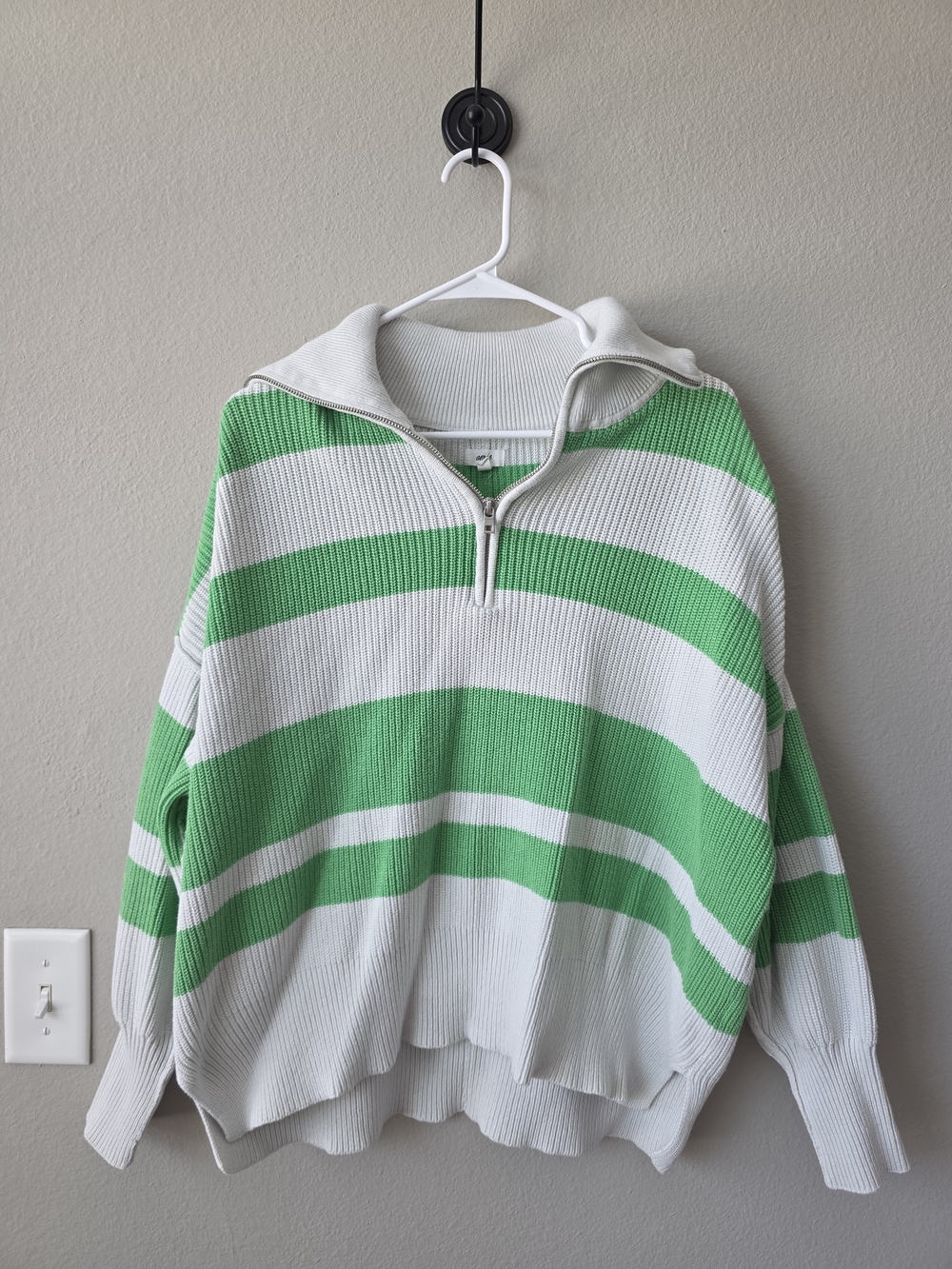 aerie Green and White Striped Half-Zip Cowl Sweater
